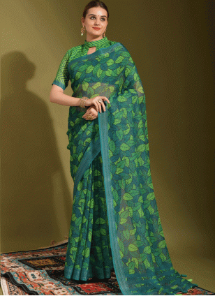 Printed work color Linen fabric Printed Traditional Saree