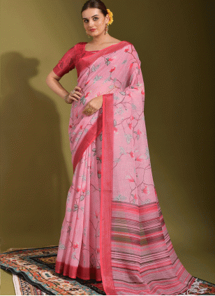 Printed work color Linen fabric Printed Traditional Saree