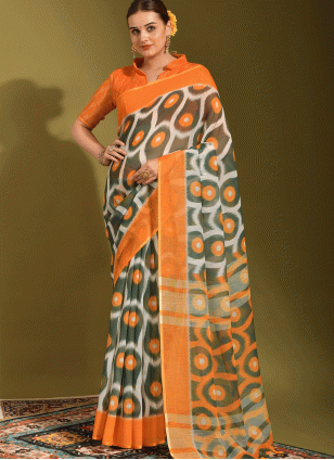 Printed work Orange color Linen fabric Printed Traditional Saree