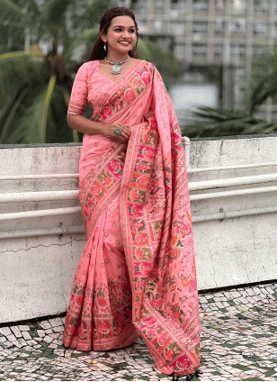 Peach colour wedding saree best sale