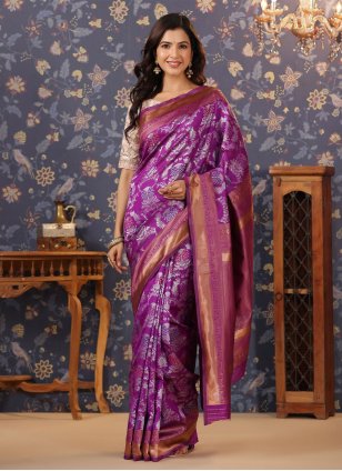 Purple Banarasi Silk Embroidered Trendy Saree