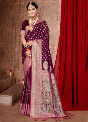 Purple color Banarasi Silk Traditional Saree with Woven work