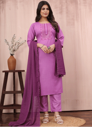 Purple Cotton  Embroidered Women's Readymade Salwar Suits