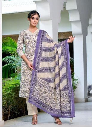 Purple Cotton  Printed Readymade Salwar Suits