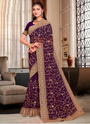 Purple Georgette Cord Work Contemporary Saree