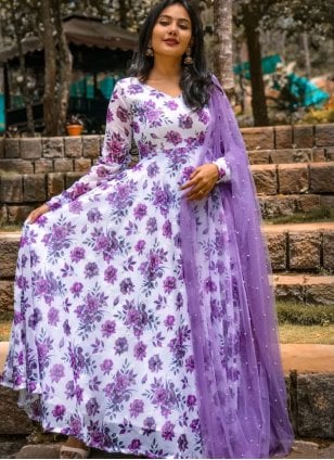 Lavender and purple color gradient gown with draped dupatta – www.liandli.in