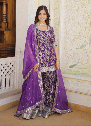 Purple Jacquard Fancy Work Women's Readymade Salwar Kameez