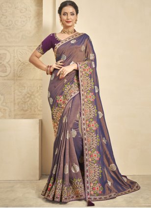 Purple Khaddar Embroidered Trendy Sari