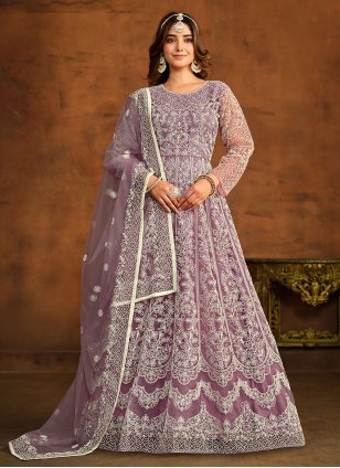 Purple Net Embroidered Anarkali Suit
