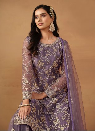 Purple Net Embroidered Salwar suit