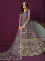 Purple Net Embroidered Trendy Salwar Suits
