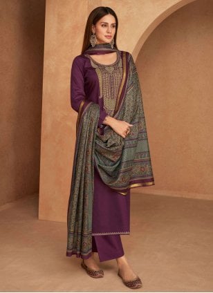 Purple Satin Embroidered Salwar suit
