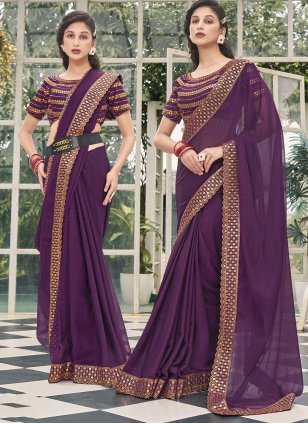 Purple Shimmer Embroidered Designer Sari