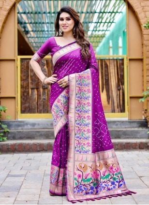 Purple Silk Bandhej Print Trendy Sari