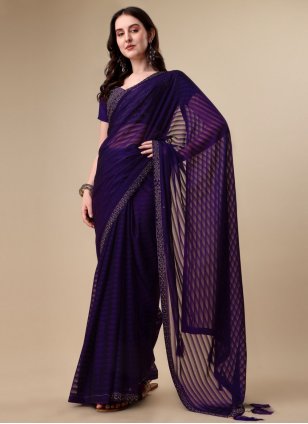 Purple Silk Stone Designer Sari