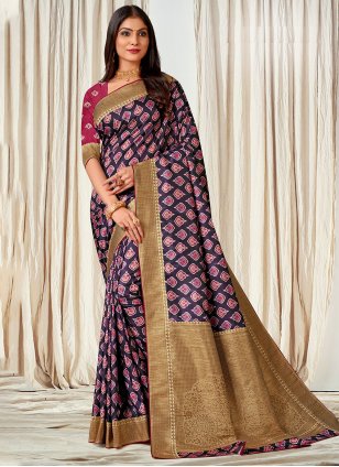 Purple Tussar Silk Digital Print Classic Sari