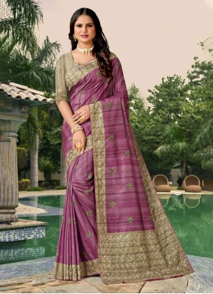 Purple Tussar Silk Katha Classic Saree