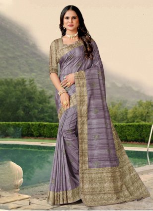 Purple Tussar Silk Katha Trendy Sari