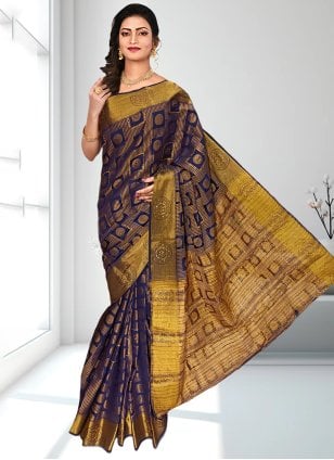Purple Uppada Silk Embroidered Designer Sari