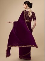 Purple Velvet Embroidered Designer Sari