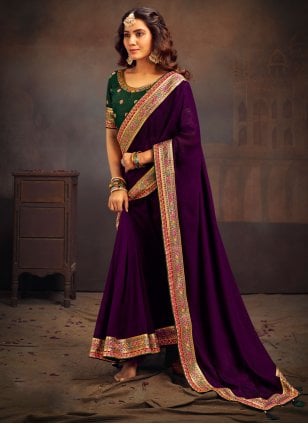 Purple Vichitra Silk Border Contemporary Sari