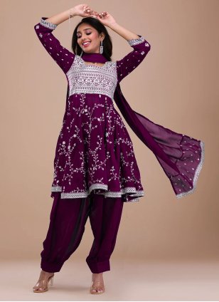 Purple Vichitra Silk Embroidered Salwar suit