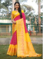 Rani and Yellow Kanjivaram Silk Weaving Bandhani Saree