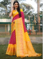 Rani and Yellow Kanjivaram Silk Weaving Bandhani Saree