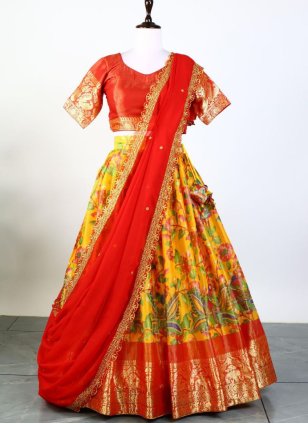 Red and Yellow Silk Printed Lehenga Choli