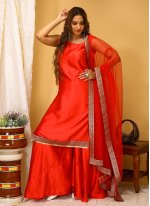 Red Art Silk Lace Palazzo Salwar Suit