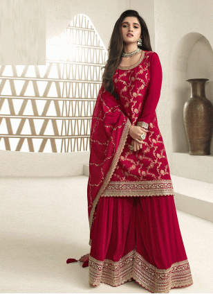Red Chinon Embroidered Women's Salwar suit