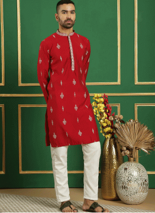 Red color Cotton  fabric Embroidered Kurta Payjama