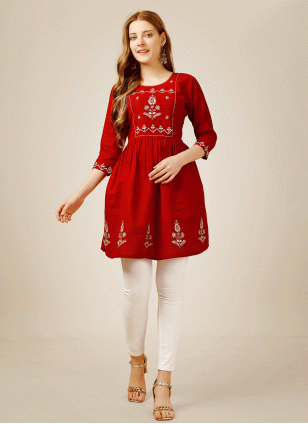 Red Embroidered Rayon Kurta Tunic