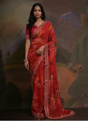 Red Georgette Border Trendy Sari