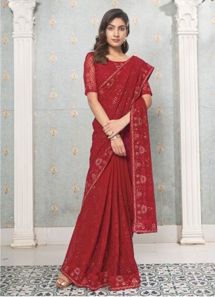 Red Georgette Embroidered Classic Saree