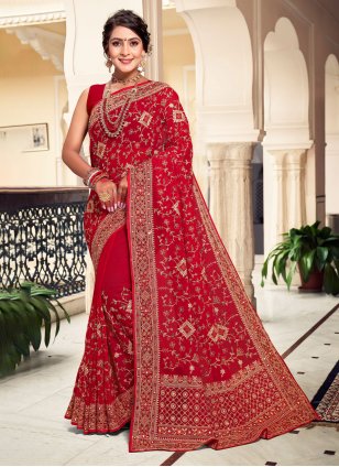 Red Georgette Embroidered Contemporary Sari