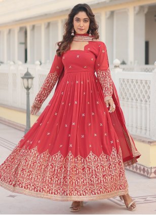 Red Georgette Embroidered Designer Gown