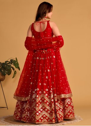 
                            Red Georgette Embroidered Trendy Ghagra Choli