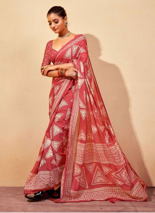 Red Georgette Foil Print Trendy Sari