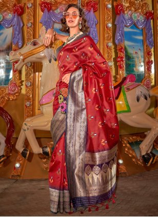 Red Handloom Silk Weaving Silky Sari