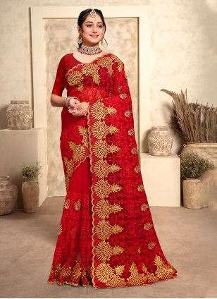 Red Net Embroidered Classic Saree