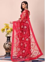 Red Net Embroidered Trendy Sari