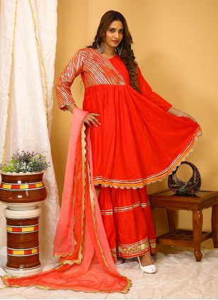 Red Rayon Gota Work Readymade Salwar Suits