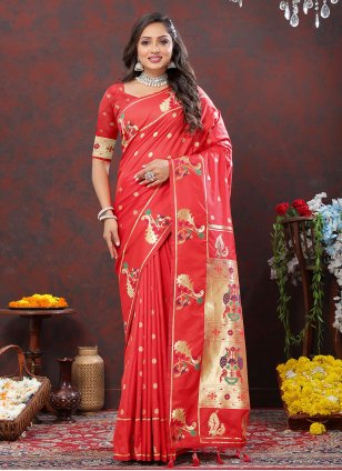 Red Silk Meena Contemporary Saree