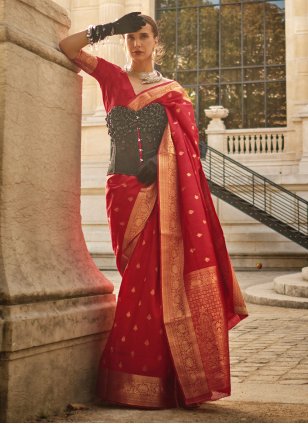 Red Silk Weaving Contemporary Saree