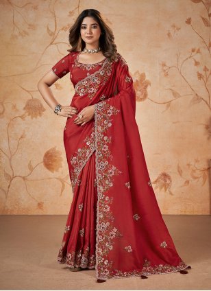 Red Uppada Silk Cord Work Trendy Saree