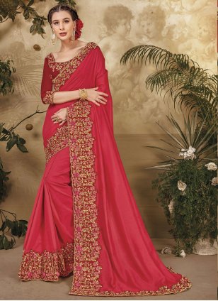 Red Vichitra Silk Embroidered Contemporary Sari