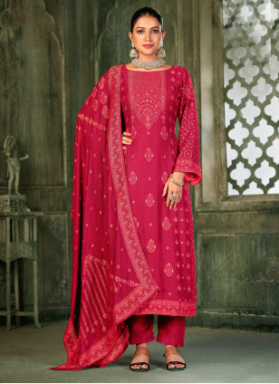 Red Viscose Embroidered Women's Salwar suit
