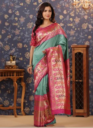 Sea Green Banarasi Silk Embroidered Designer Sari