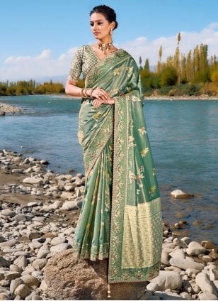 Sea Green Banarasi Silk Embroidered Trendy Saree